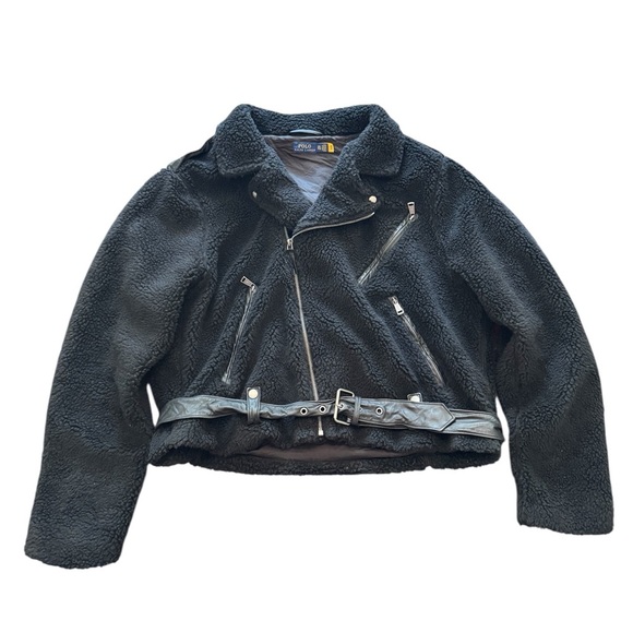 Polo Ralph Lauren Moto Jacket Women's Fleece Sherpa Biker Black - Picture 1 of 9